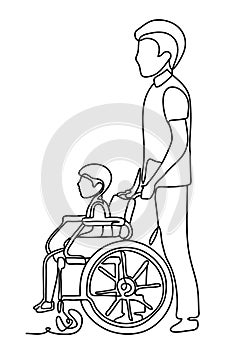 Father running with disabled son in wheelchair. Isolated on white background. Continuous line drawing. Vector monochrome