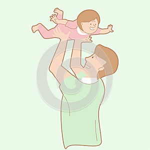 Father`s day in activity, sense of tenderness of children development, carrying of love, his child`s enjoy flying and play