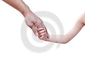Father`s day . Asian little child daughter hand on her father hand  isolated on white background  clipping path , care and suppor