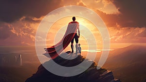 Father's Day Background. Superhero Father with Child. Illustration AI Generative