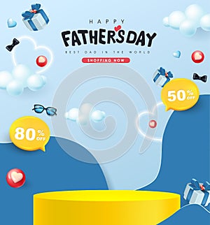 Father`s Day card with product display cylindrical shape and gift box for dad on blue background