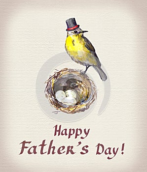 Father`s day card. Vintage bird in tall hat at nest with eggs. Watercolor
