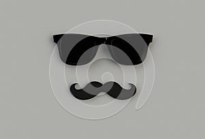 Father`s day concept. Hipster black sunglasses and funny moustache on gray background.