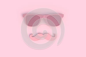 Father`s day concept. Hipster pink sunglasses and funny moustache on pink background