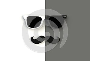Father`s day concept. Hipster sunglasses and funny moustache on white and black background