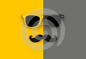 Father`s day concept. Hipster sunglasses and funny moustache on yellow and black background