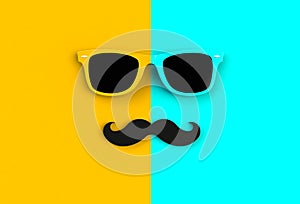 Father`s day concept. Hipster sunglasses and funny moustache on yellow and blue background