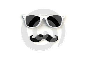 Father`s day concept. Hipster white sunglasses and funny moustache on white background