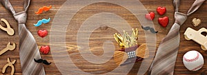 Father`s day concept over wooden background. top view, flat lay