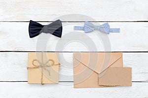Father`s day. duet daddy bow tie and baby bow tie. flat lay