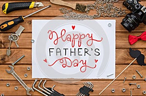 Father`s Day flat lay mock up template with hand drawn greeting and tools