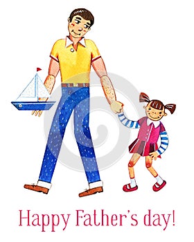 Father`s day hand drawn watercolor illustration with father and daughter walking together. Isolated on white background