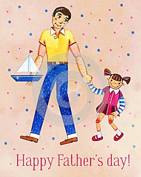 Father`s day hand drawn watercolor illustration with father and daughter walking together. On pink dotted textured background