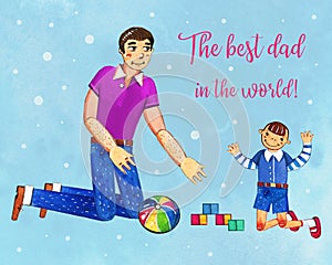 Father`s day hand drawn watercolor illustration with father playing with son. On blue dotted textured background