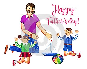 Father`s day hand drawn watercolor illustration with father and two kids playing with toys. Isolated on white background