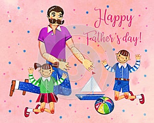 Father`s day hand drawn watercolor illustration with father and two kids playing with toys. On pink dotted textured background