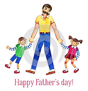 Father`s day hand drawn watercolor illustration with father and two kids walking together. Isolated on white background