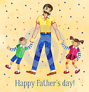 Father`s day hand drawn watercolor illustration with father and two kids walking together. On yellow dotted textured background