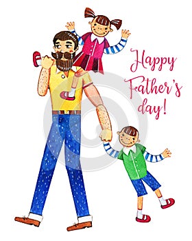 Father`s day hand drawn watercolor illustration with father walking and two kids. Girl sitting on shoulders, boy walking