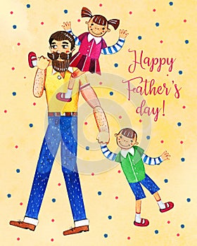 Father`s day hand drawn watercolor illustration with father walking and two kids. Girl sitting on shoulders, boy walking