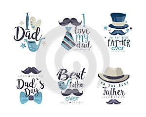 Father's Day Label Design with Mustache, Smoking Pipe, Bow Tie and Hat Vector Set