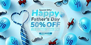 Father`s Day Sale poster or banner template with glasses and heart shape by necktie on blue background.Greetings and presents for