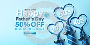 Father`s Day Sale poster or banner template with heart shape by necktie on blue background.Greetings and presents for Father`s D