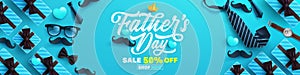 Father`s Day Sale poster or banner template with necktie,glasses and gift box on blue background.Greetings and presents for Fathe
