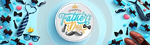 Father`s Day Sale poster or banner template with necktie,glasses and gift box on blue background.Greetings and presents for Fathe