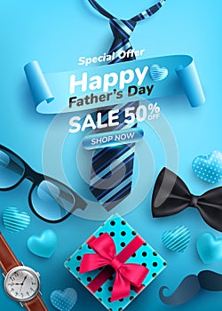 Father`s Day Sale poster with flatlay of Glasses,Necktie,Watch and Gifts for dad.Greetings and presents for Father`s Day.Promoti