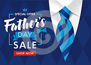 Father`s Day Sale Promotion Poster or banner with striped blue tie and men`s sweater