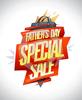 Father\'s Day special sale poster with red ribbons, golden lettering and shopping bag