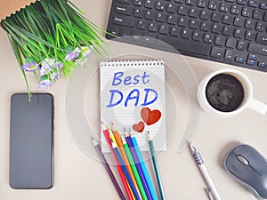 Father`s day. writing pad with text best papa and painted hearts. fathers day greeting card