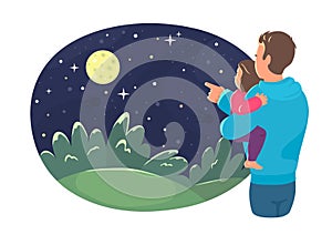 Father shows her daughter a moon on the night sky