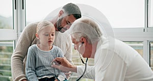 Father, sick child and pediatrician with stethoscope for lungs, heart and breathing for kids healthcare service. Dad