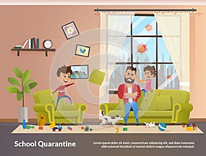Father Sits with Children Home School Quarantine