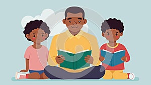 A father sits with his children a sense of determination on his face as he reads aloud stories of resilience and