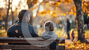 A father sitting on a park bench watching his children play but feeling distant and disconnected from their laughter and