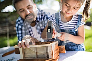 Father with a small daughter outside, making wooden birdhouse.