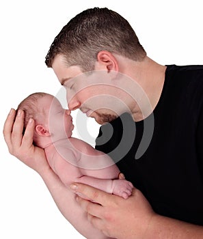 Father snuggling his newborn. isolated