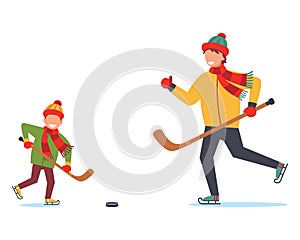 Father and son, adult and kid playing hockey on stadium, flat style vector illustration isolated on white background