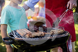 Father and son barbequing in the park