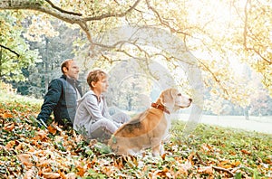 Father, son and beagle dog sitting in autumn park, warm indian s