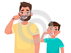 Father and son brush their teeth with toothpaste. Mouth Hygiene. Vector illustration