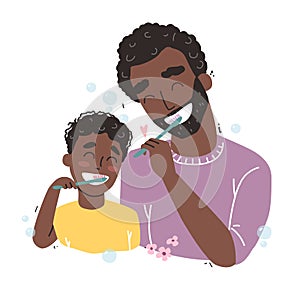 Father and son Brushing Their Teeth. happy Black african american family and health.