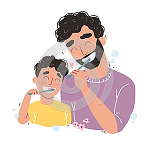 Father and son Brushing Their Teeth. happy family and health