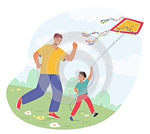 Father and Son Characters Run Energetically While Maneuvering A Single Colorful Kite, with Happy Expressions