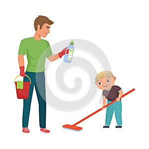 Father and son cleaning home apartment together, man in gloves holding detergent and bucket, boy working with mop