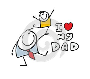 Father and son dance together and do an acrobatic trick. Vector illustration of happy family. Fathers Day greetings with