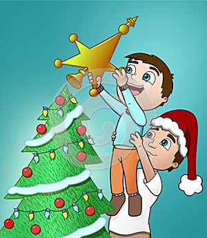 Father and Son decorate their tree